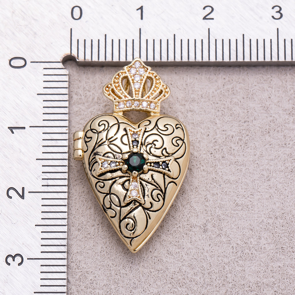 16K Gold Plated Emerald CZ Gothic Ornate Cross Heart Open Locket Pendant - Sold Each