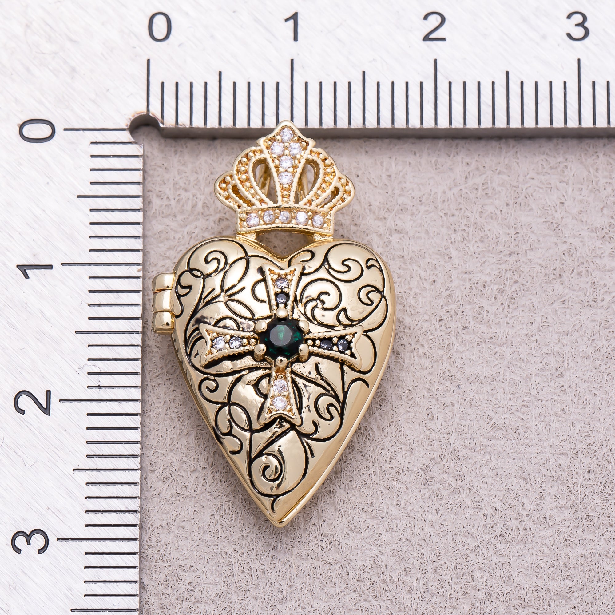 16K Gold Plated Emerald CZ Gothic Ornate Cross Heart Open Locket Pendant - Sold Each