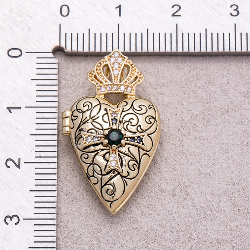 16K Gold Plated Emerald CZ Gothic Ornate Cross Heart Open Locket Pendant - Sold Each