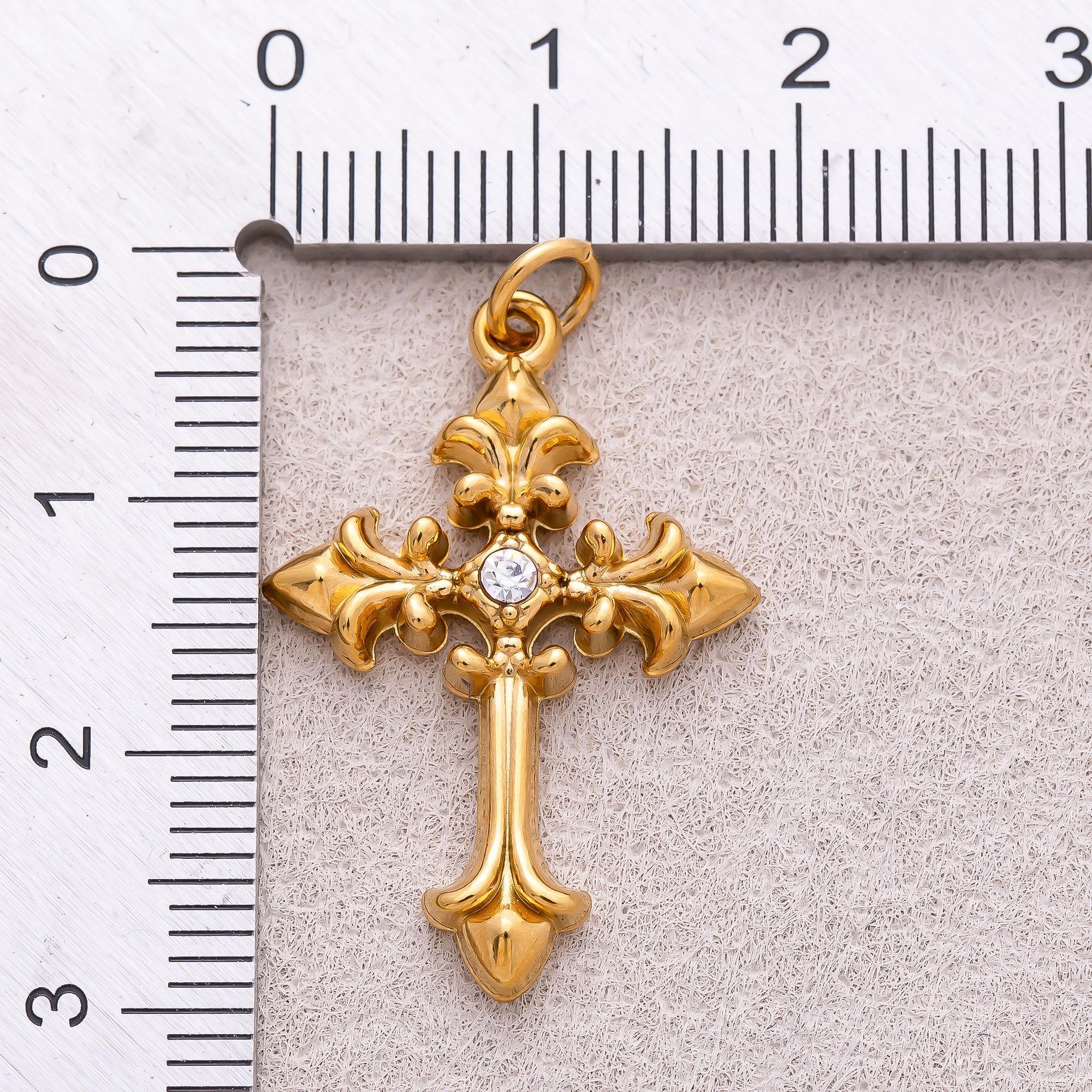 Gold PVD Stainless Steel Clear CZ Vintage Religious Cross Charm