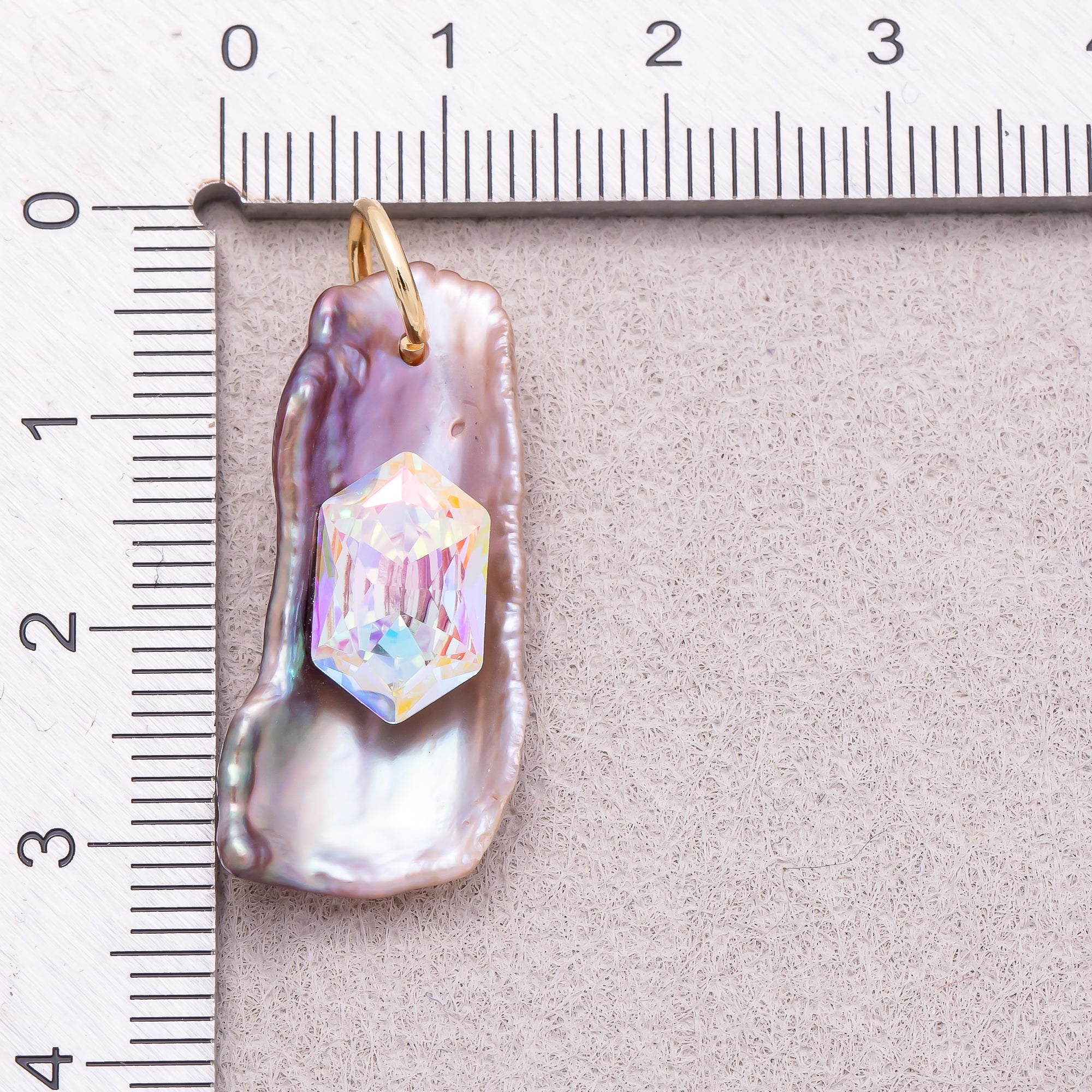 18K Gold Plated Hexagon CZ Stick Baroque Iridescent Freshwater Pearl Charm - Sold Each