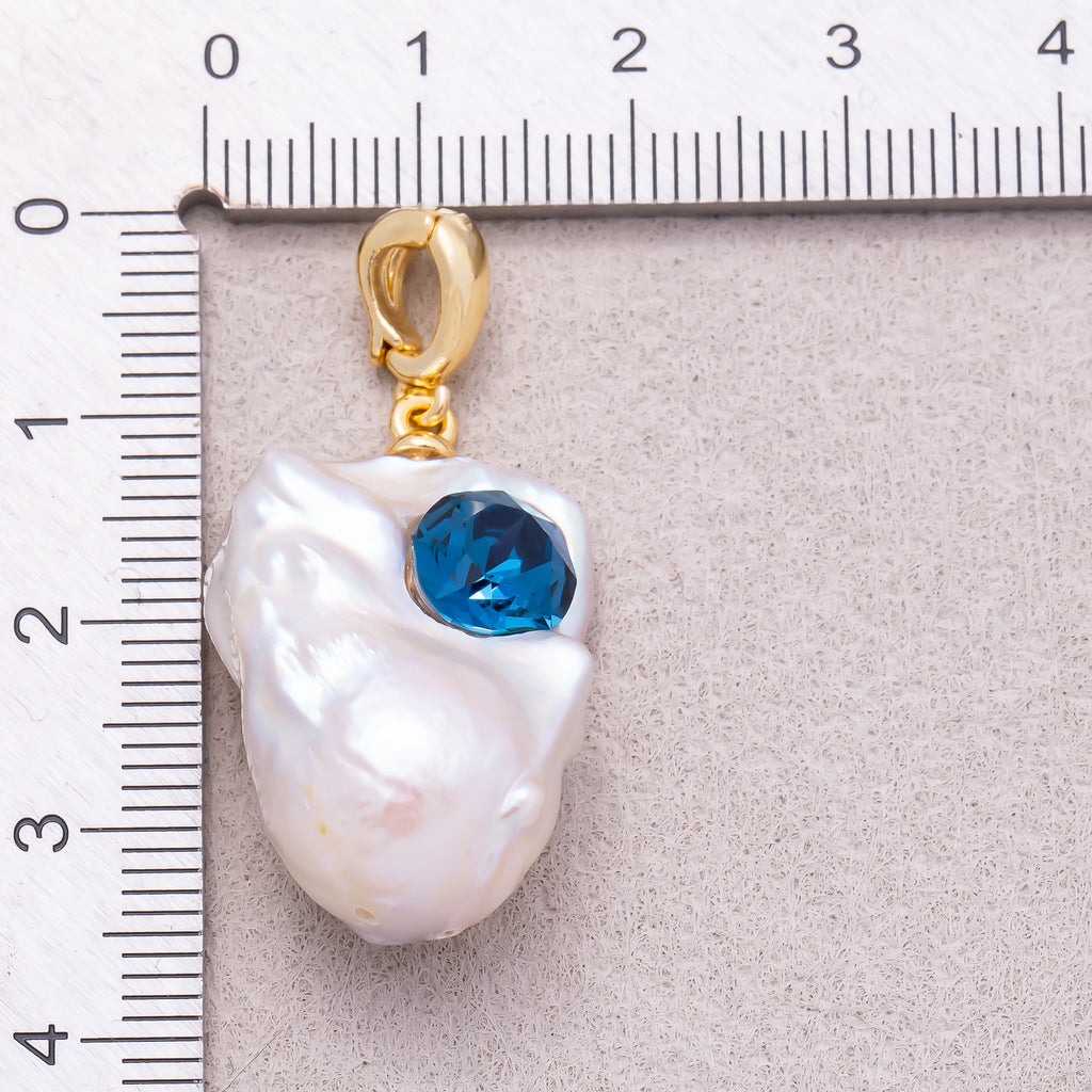 18K Gold Plated Blue CZ White Freshwater Pearl Conch Shell Pendant - Sold Each