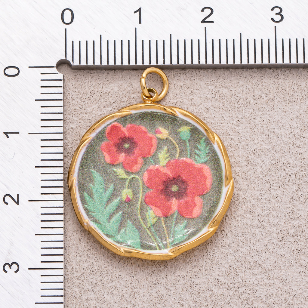 Gold PVD Stainless Steel Hand-Painted Red Poppy Flower Round Charm
