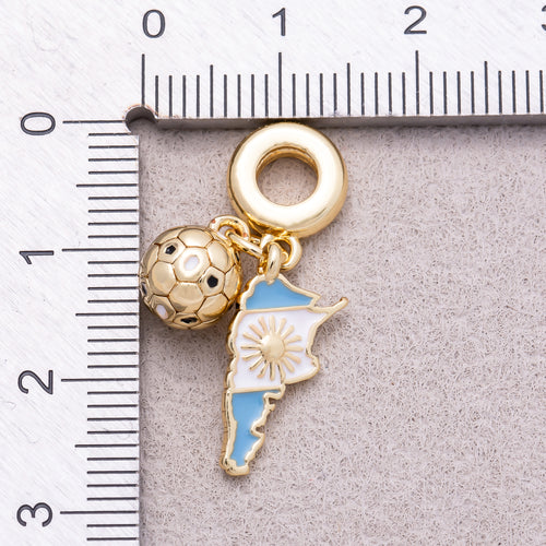 16K Gold Plated Argentina Map Flag & Soccer Ball Dual Dangle Pendant - Sold Each