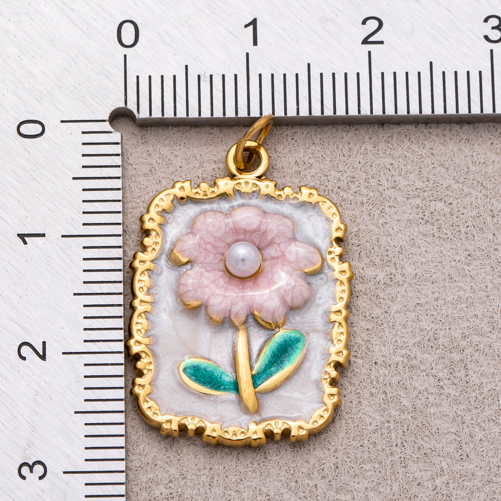 Gold PVD Stainless Steel Shell Pearl Pink Daisy Flower Enamel Tag Rectangular Charm