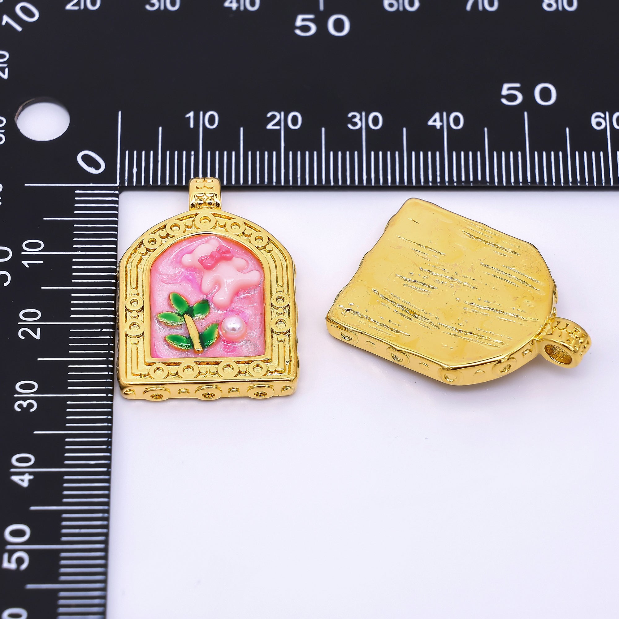 Launch Promo: 24K Gold PVD Stainless Steel Shell Pearl Teddy Bear Garden Enamel Charm in Pink & Green | Sold Each