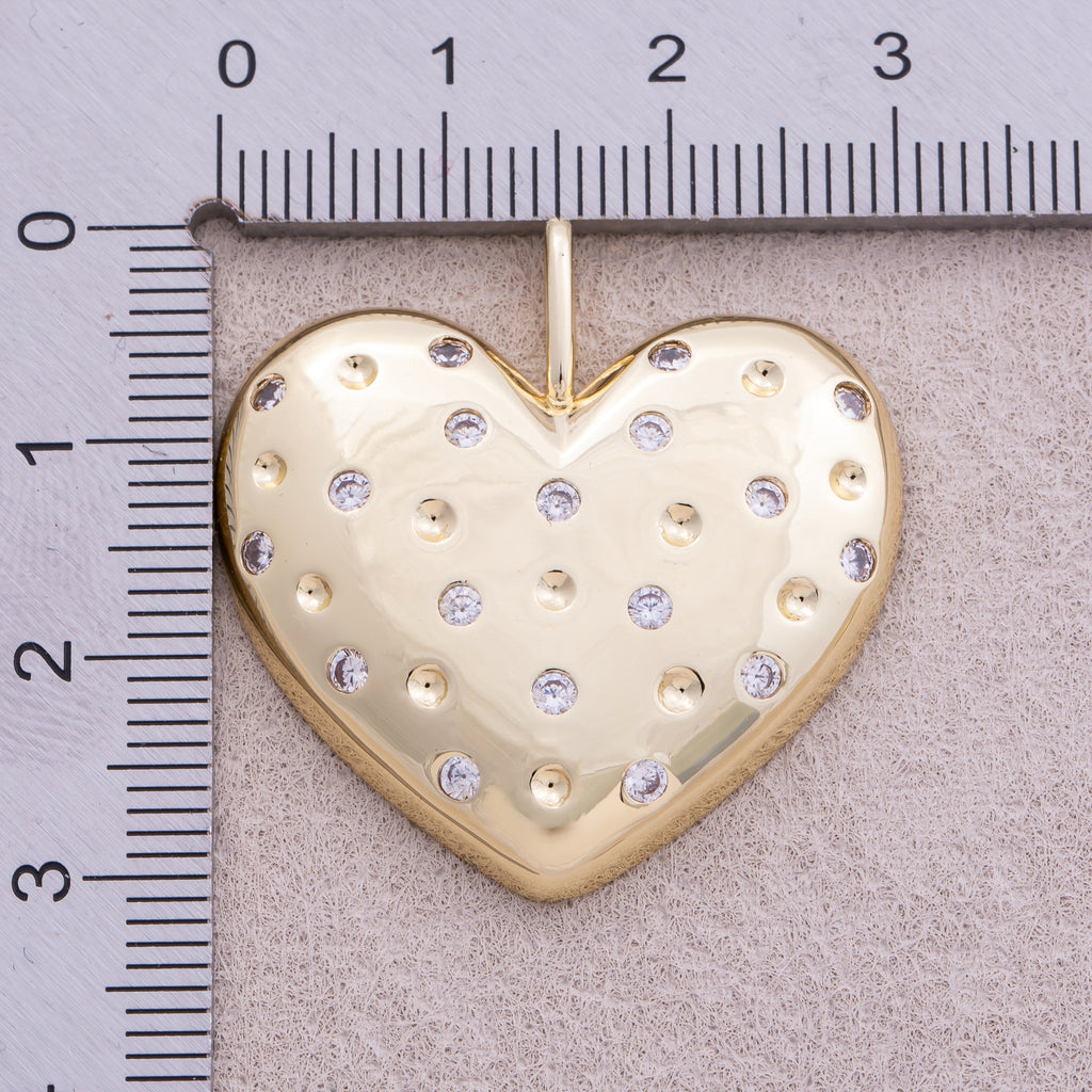 16K Gold Plated Micro Paved CZ Beaded Chubby Love Heart Pendant - Sold Each