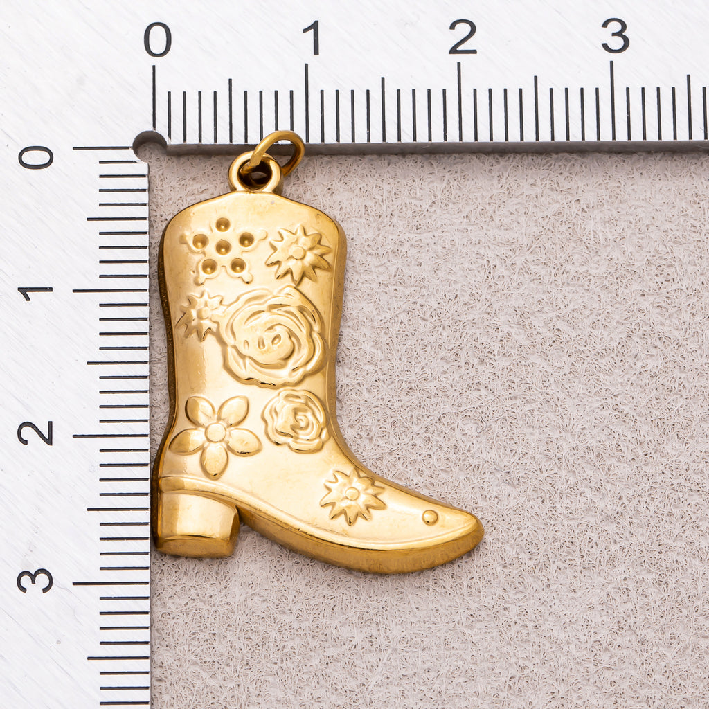Gold PVD Stainless Steel Artisan Flower Cowboy Boots Shoes Charm