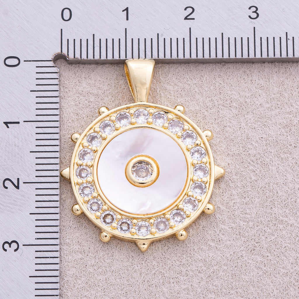 16K Gold Plated Micro Paved CZ Mother Of Pearl North Compass Pendant - Sold Each