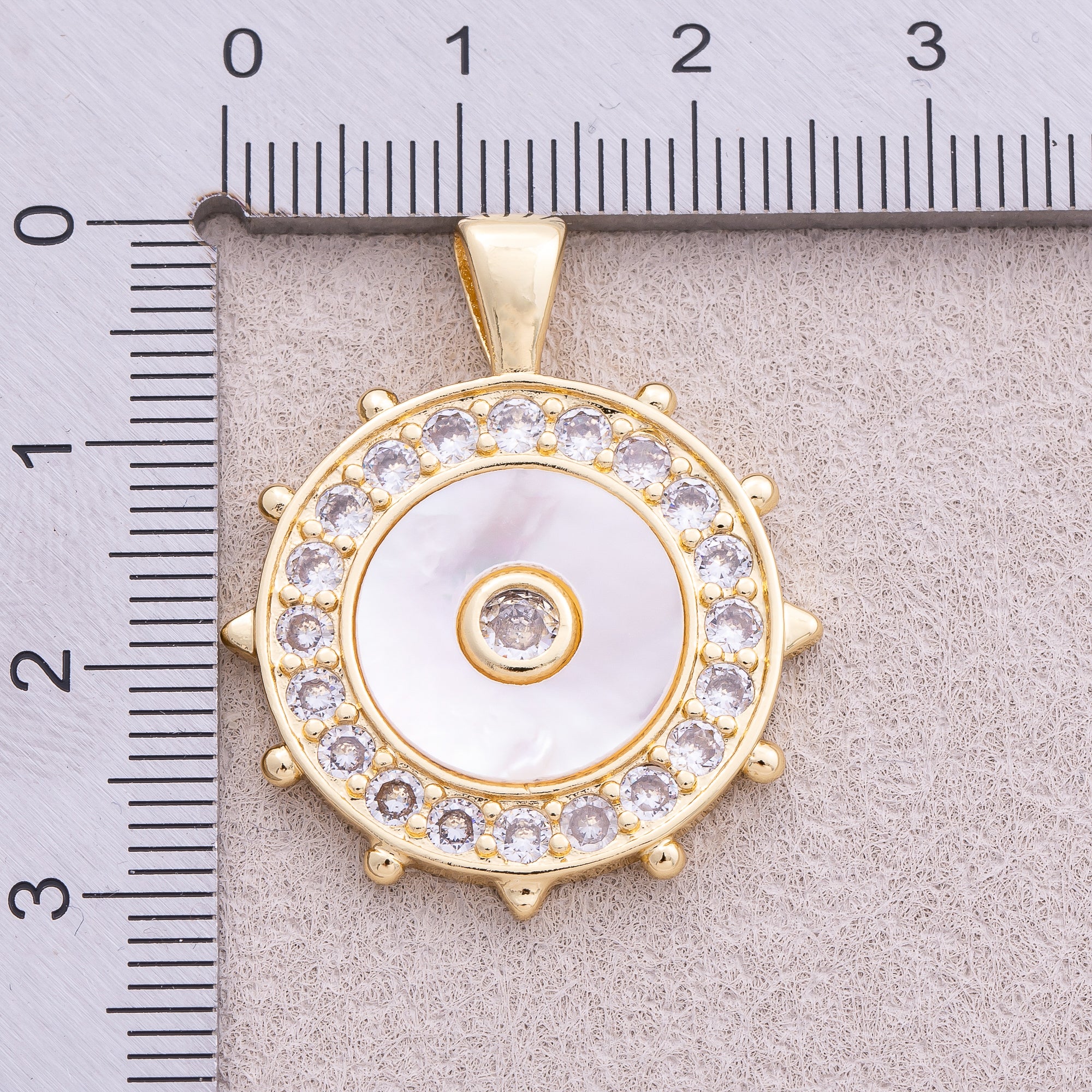 16K Gold Plated Micro Paved CZ Mother Of Pearl North Compass Pendant - Sold Each