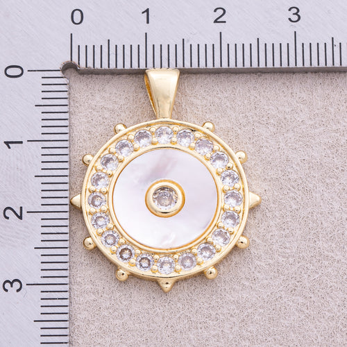 16K Gold Plated Micro Paved CZ Mother Of Pearl North Compass Pendant - Sold Each