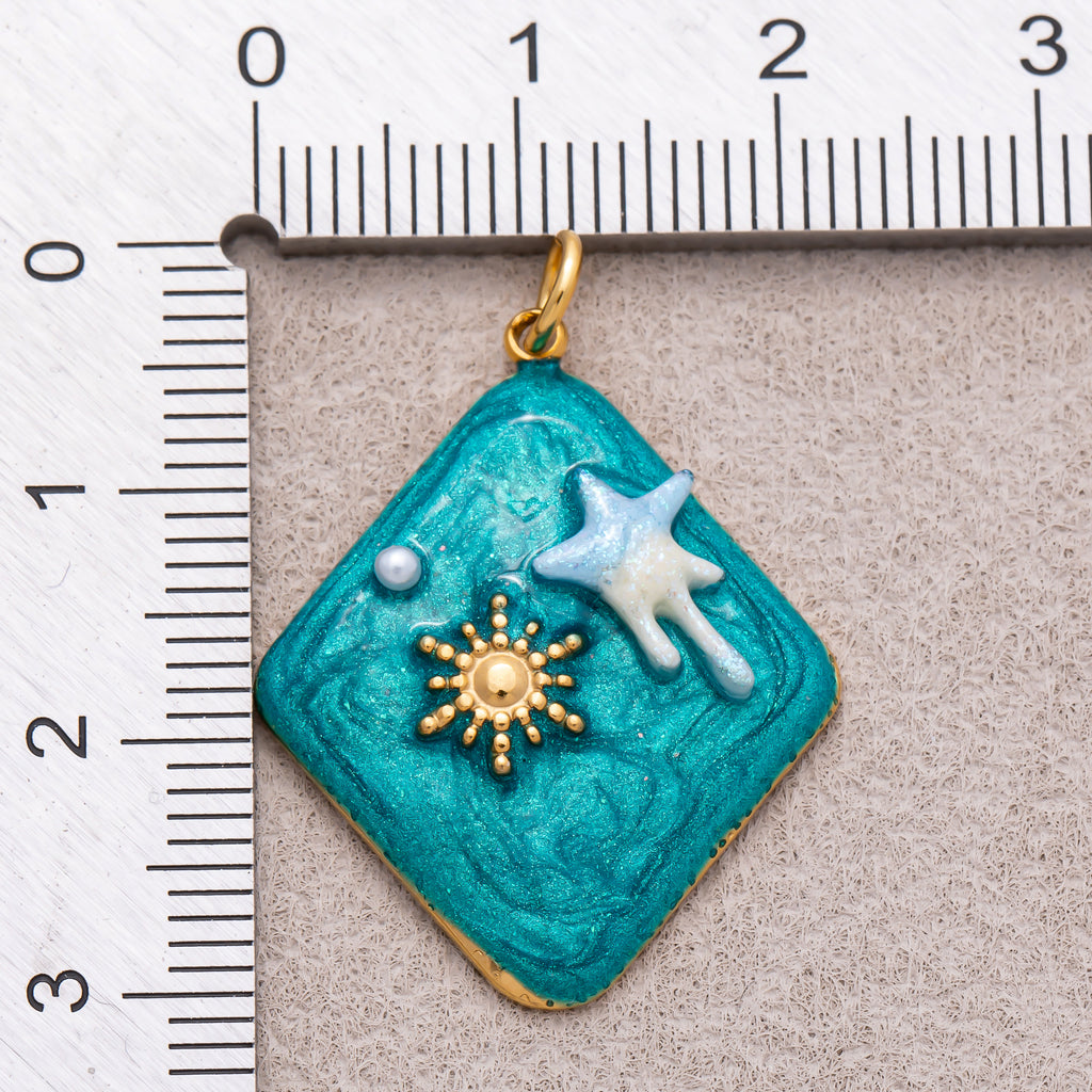 Gold PVD Stainless Steel Blue Molten Star and Sunburst Enamel Rhombus Charm
