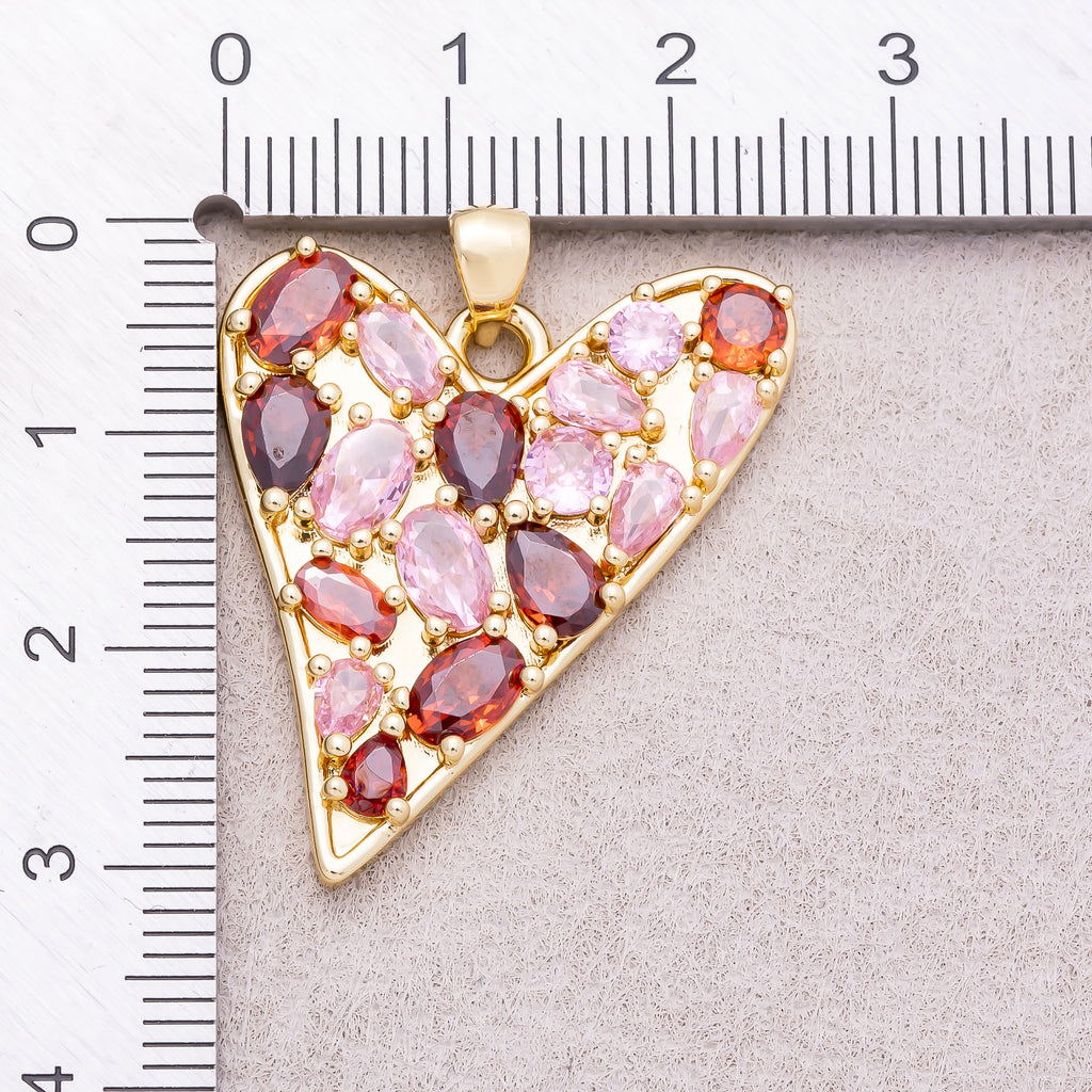 16K Gold Plated Colorful Multi Cut CZ Asymmetric Heart Pendant - Sold Each
