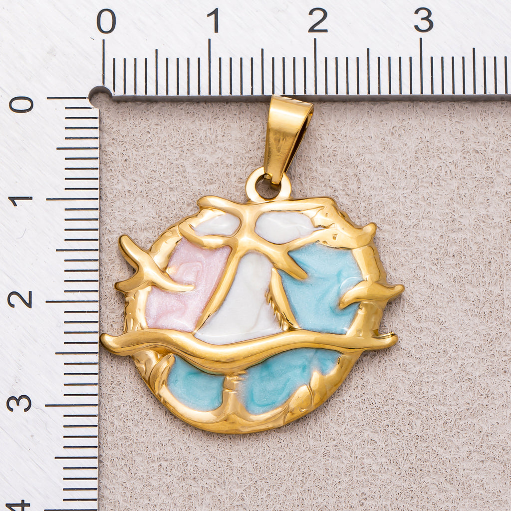 Gold PVD Stainless Steel Blue White Pink Enamel Art Under the Sea Coral Pendant