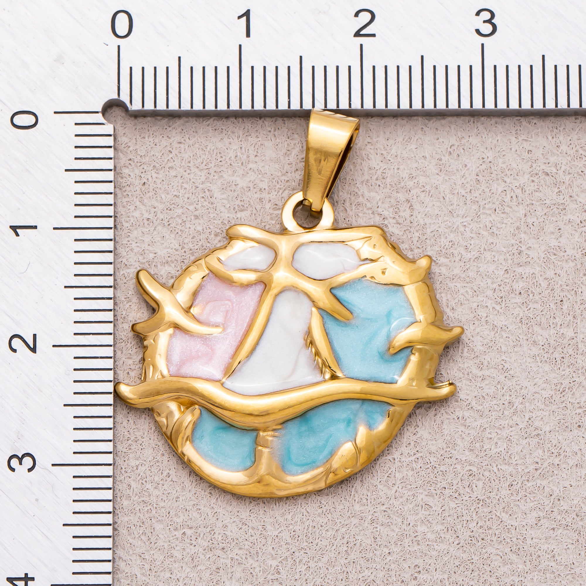 Gold PVD Stainless Steel Blue White Pink Enamel Art Under the Sea Coral Pendant