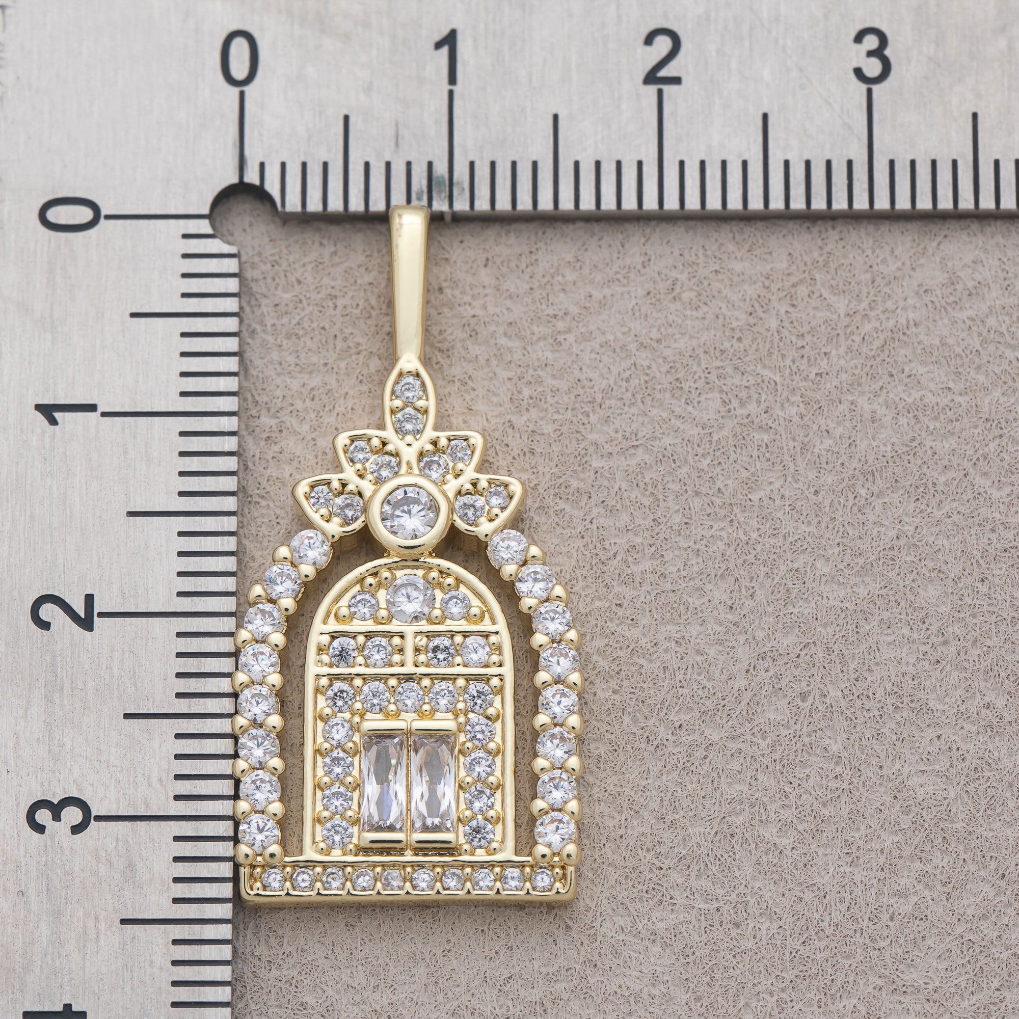 16K Gold Plated Clear Baguette Micro Paved CZ Flower Garden Gate Doorway Pendant - Sold Each