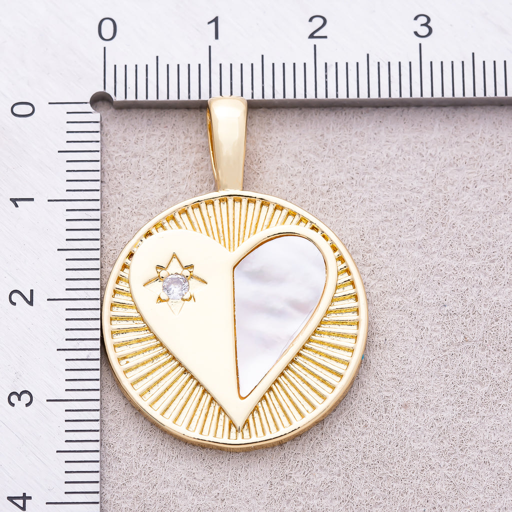 16K Gold Plated Mother of Pearl Clear CZ Heart Medallion Charm - Sold Each