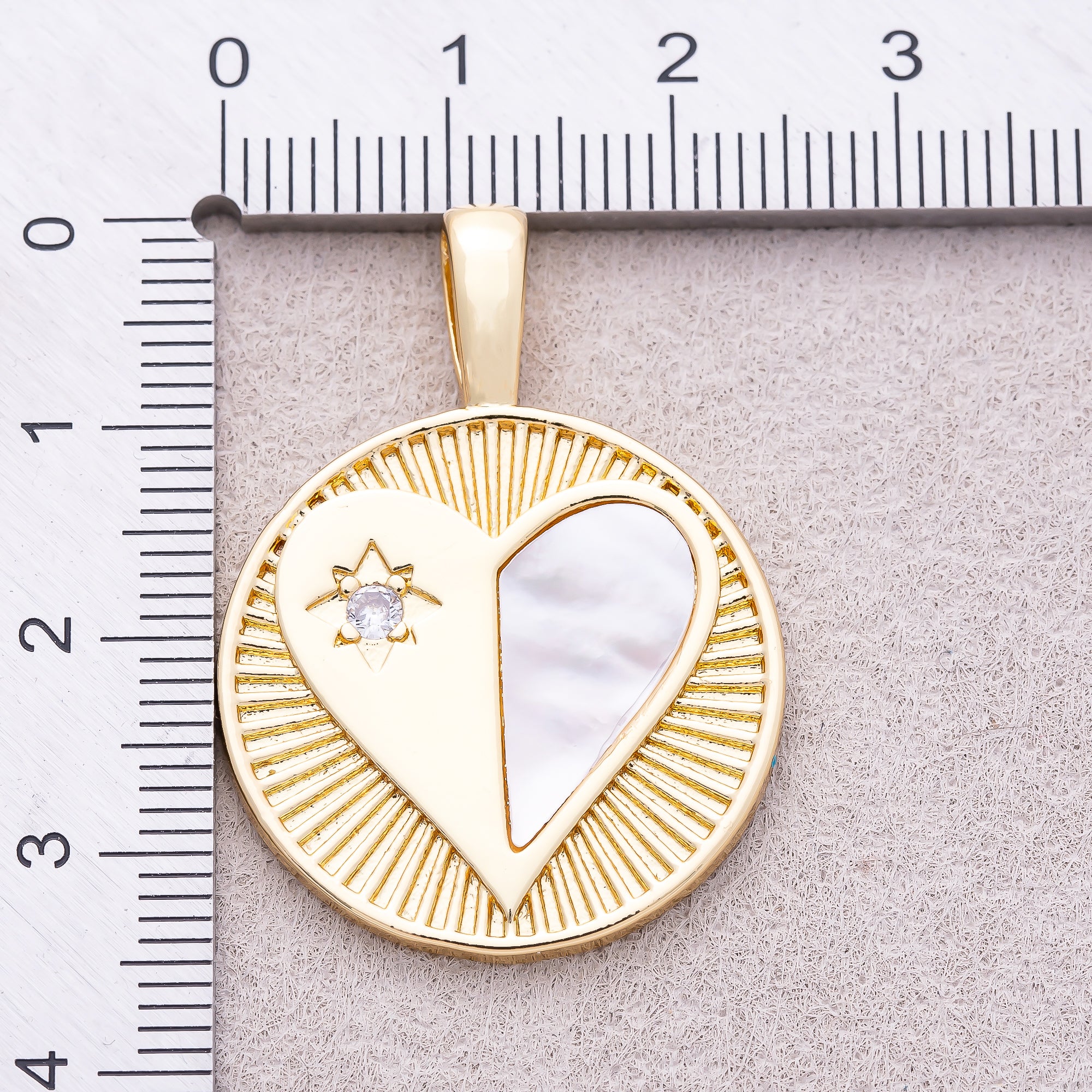 16K Gold Plated Mother of Pearl Clear CZ Heart Medallion Charm - Sold Each