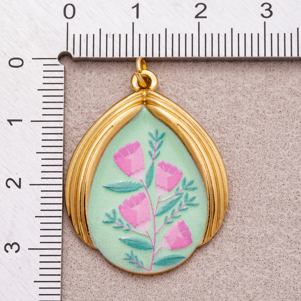 Gold PVD Stainless Steel Teardrop Floral Enamel Pendants