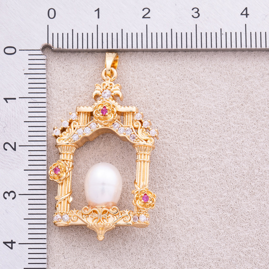 18K Gold Plated Shell Pearl CZ Floral Vintage Palace Window Pendant - Sold Each