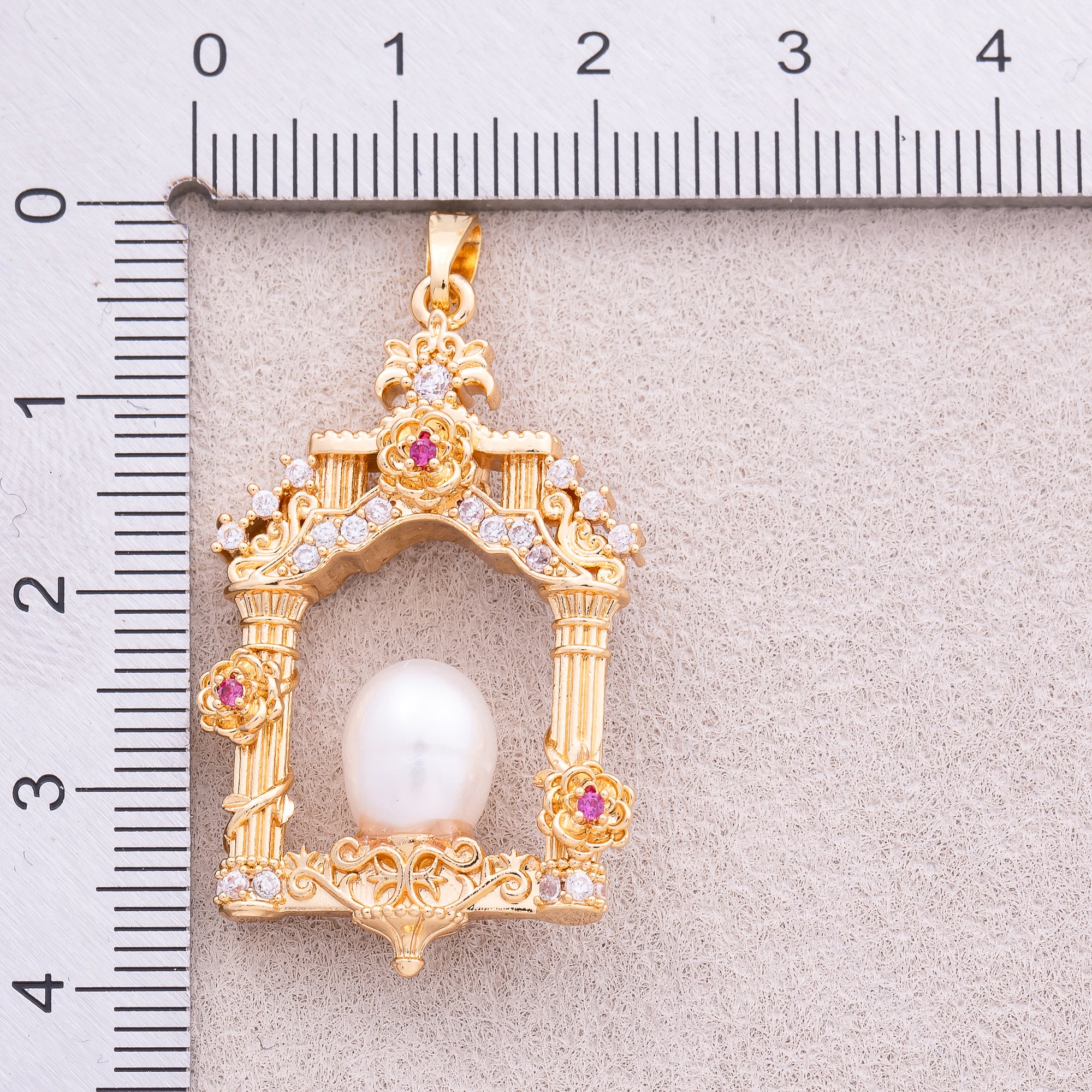 18K Gold Plated Shell Pearl CZ Floral Vintage Palace Window Pendant - Sold Each