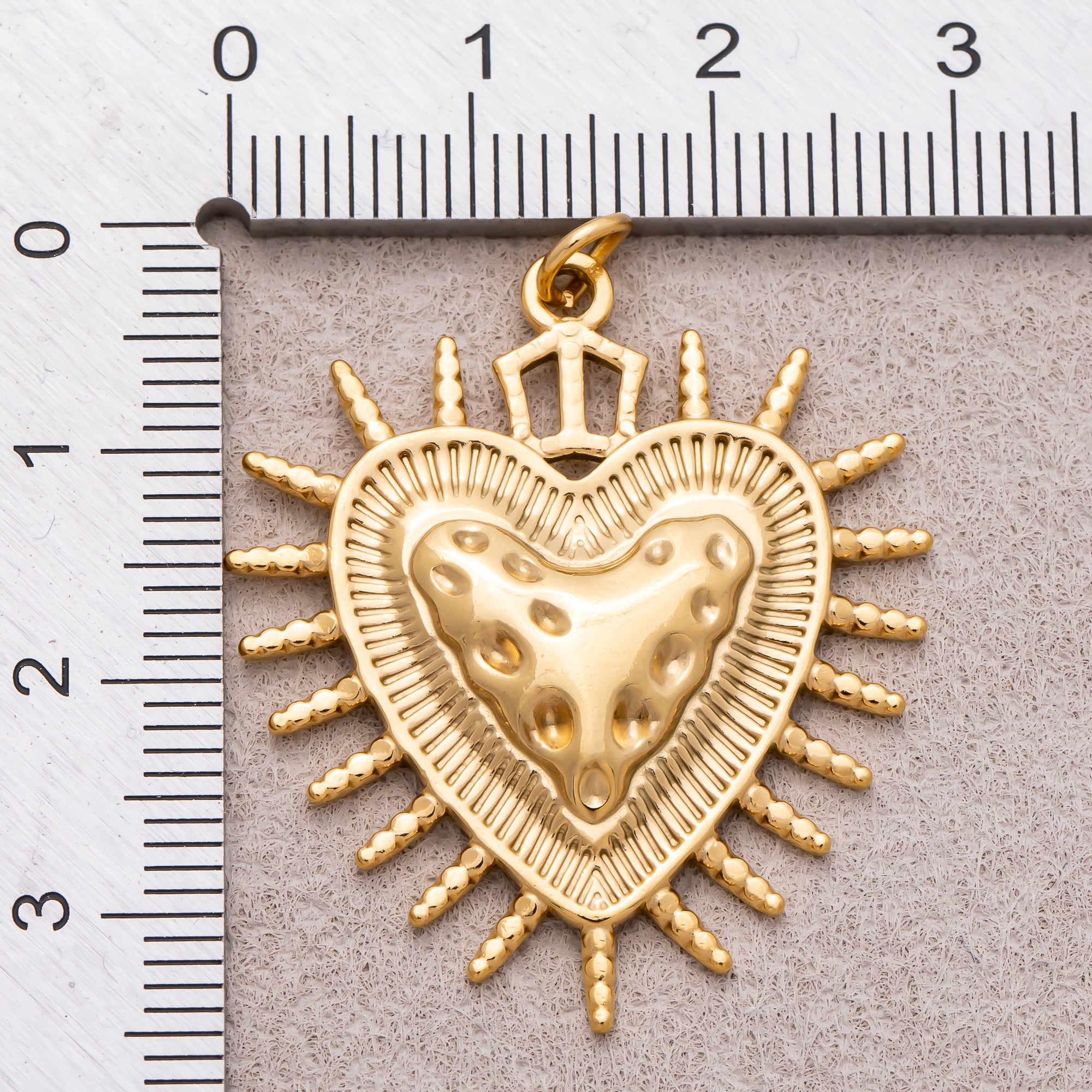 Gold PVD Stainless Steel Hammered Shield Heart Sunburst Charm