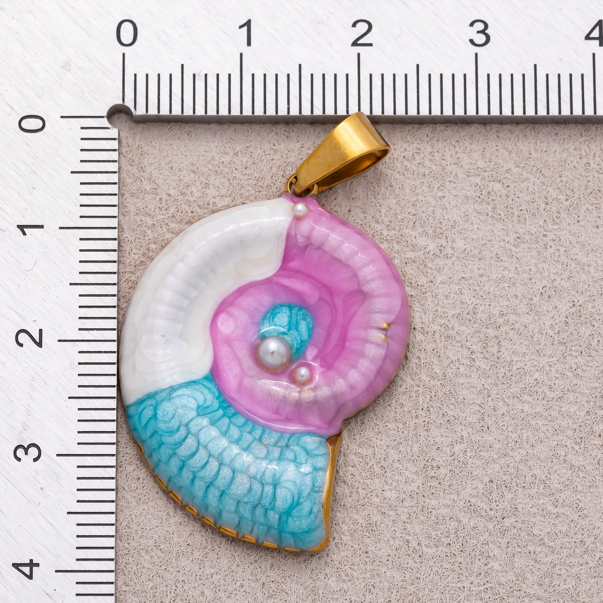 Gold PVD Stainless Steel Blue & Purple Enamel Art Nautical Ammonite Shell Pendant