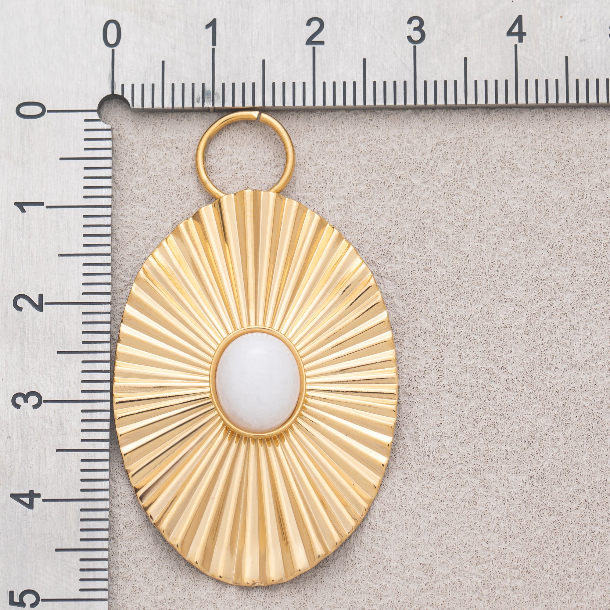 Gold PVD Stainless Steel White Quartz Oval Sunburst Pendant