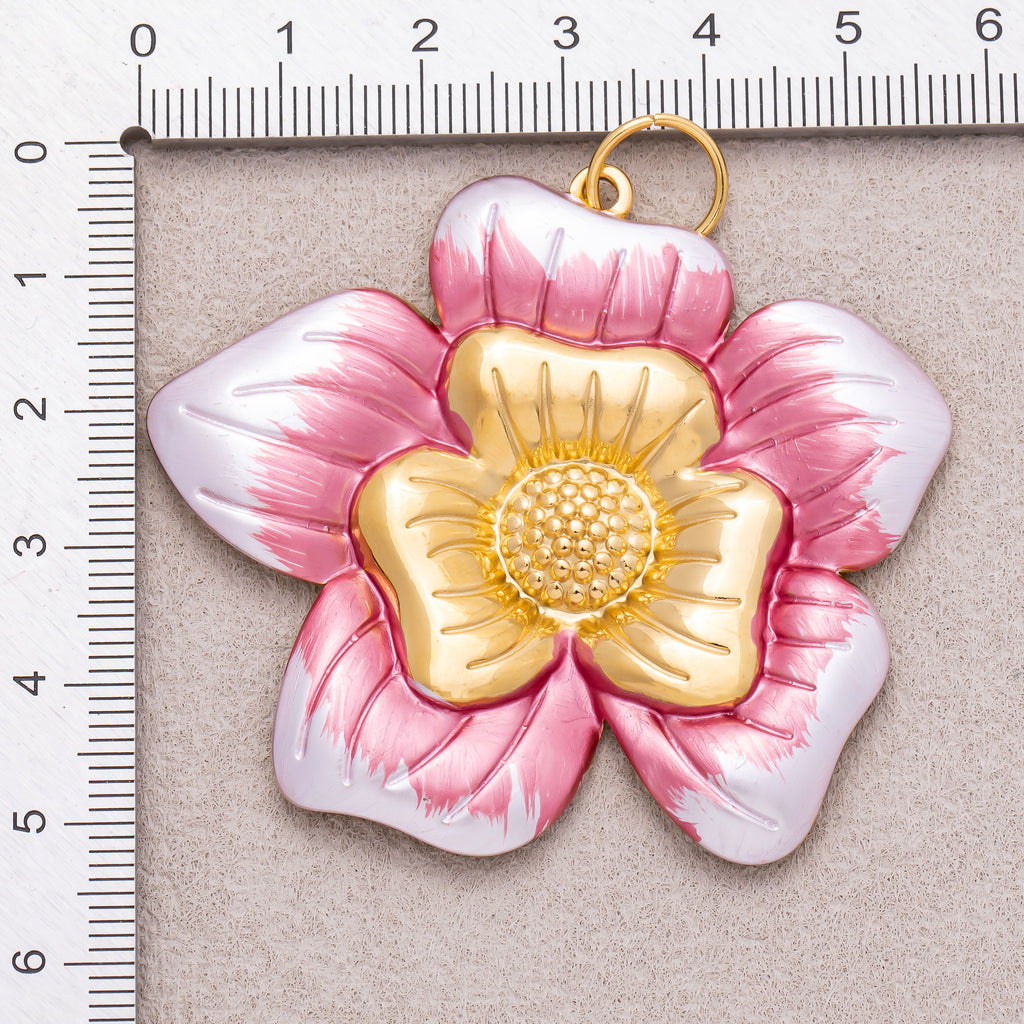 Gold PVD Stainless Steel Pink, Blue, Black Enamel Blooming Flower Charm