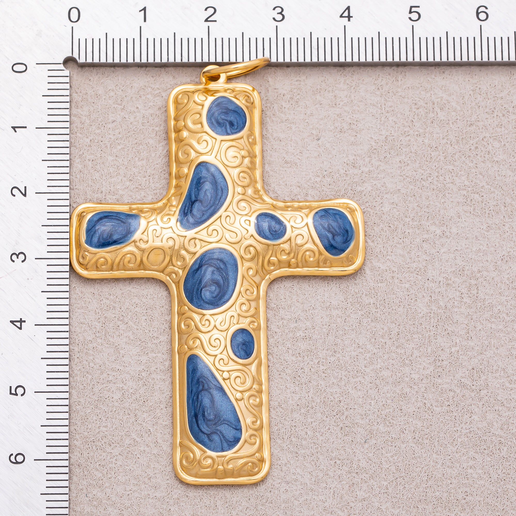 Gold PVD Stainless Steel Blue Enamel Patterned Religious Cross Charm