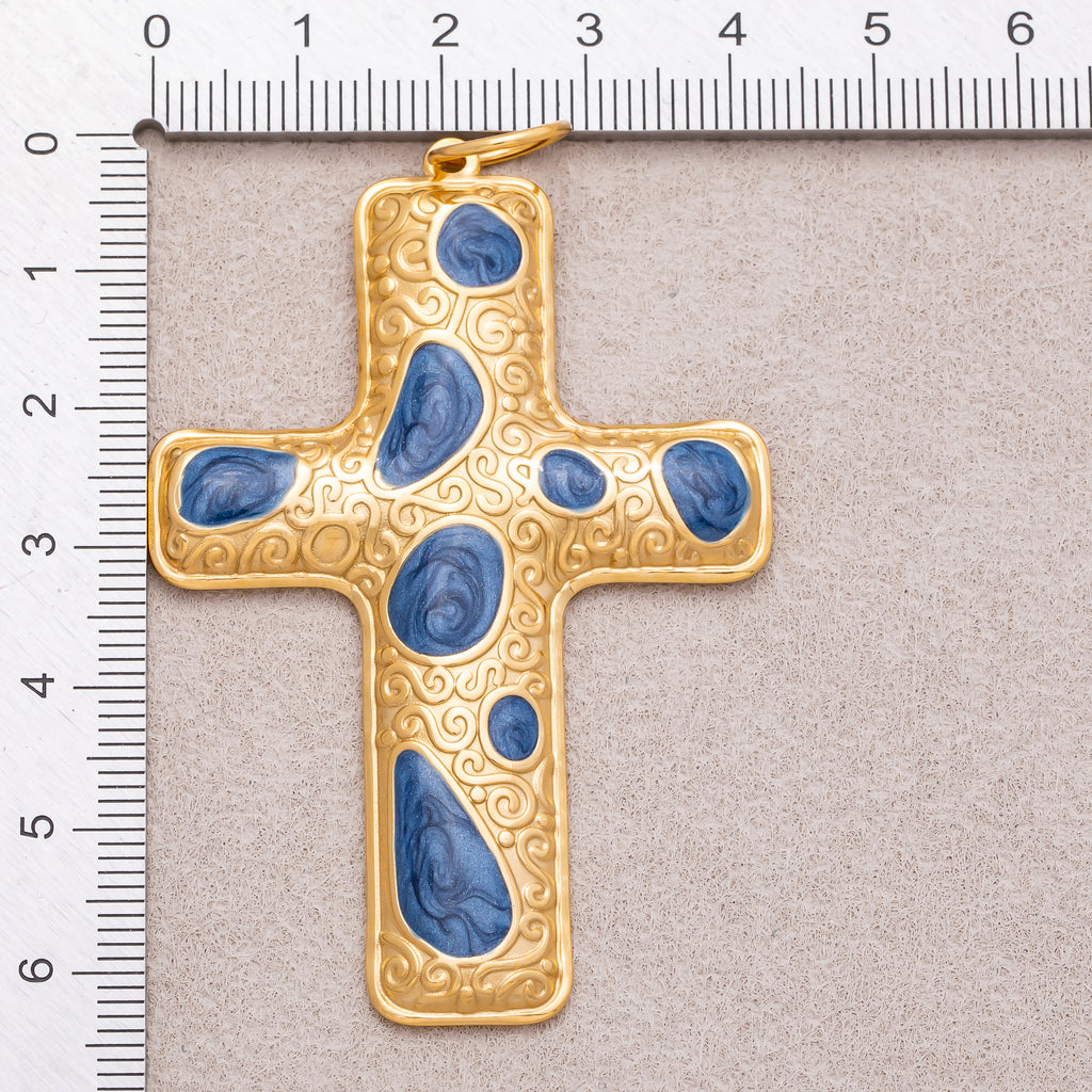 Gold PVD Stainless Steel Multicolor Enamel Patterned Religious Cross Charm