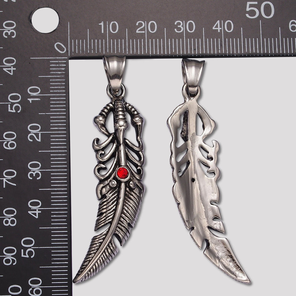 Launch Promo: Stainless Steel Red Solitaire Bohemian Feather Pendant | Sold Each