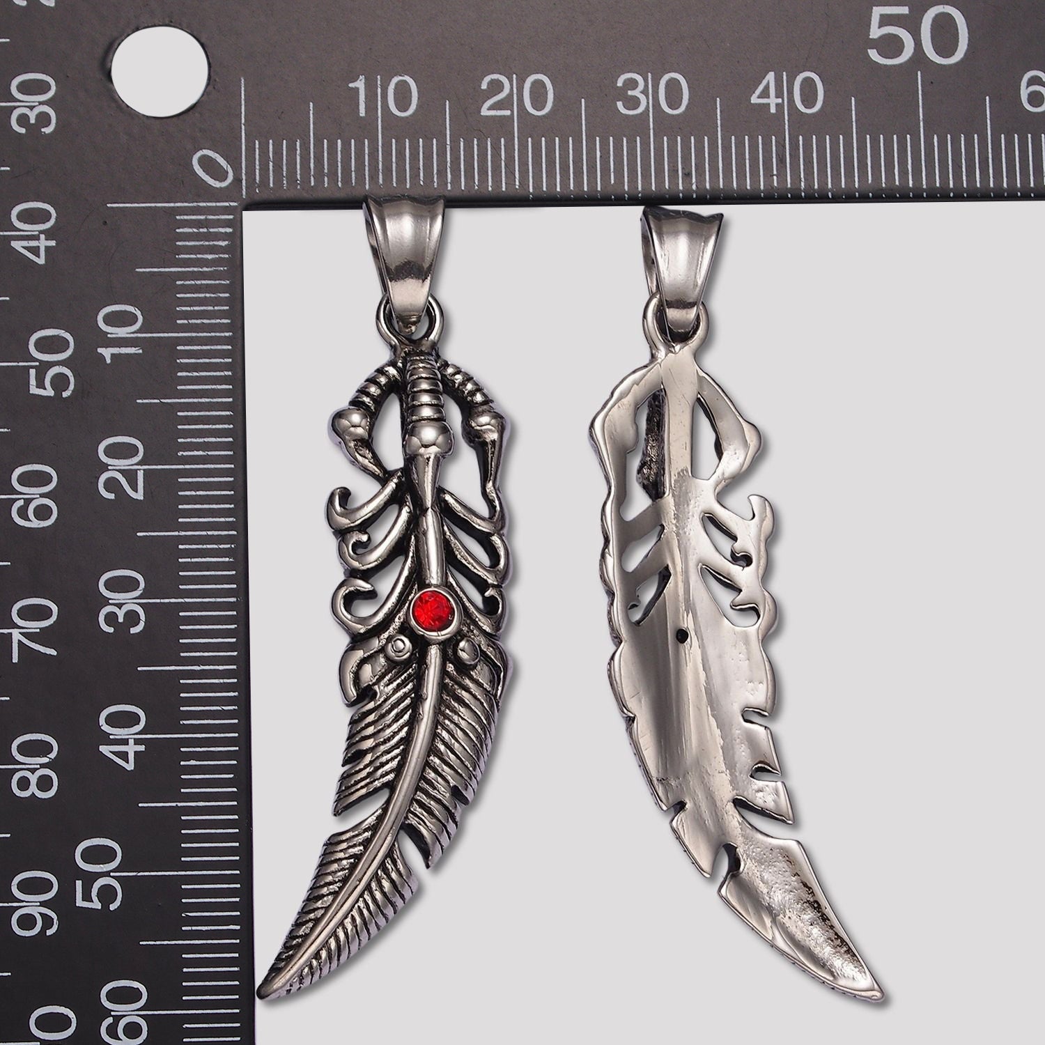 Launch Promo: Stainless Steel Red Solitaire Bohemian Feather Pendant | Sold Each