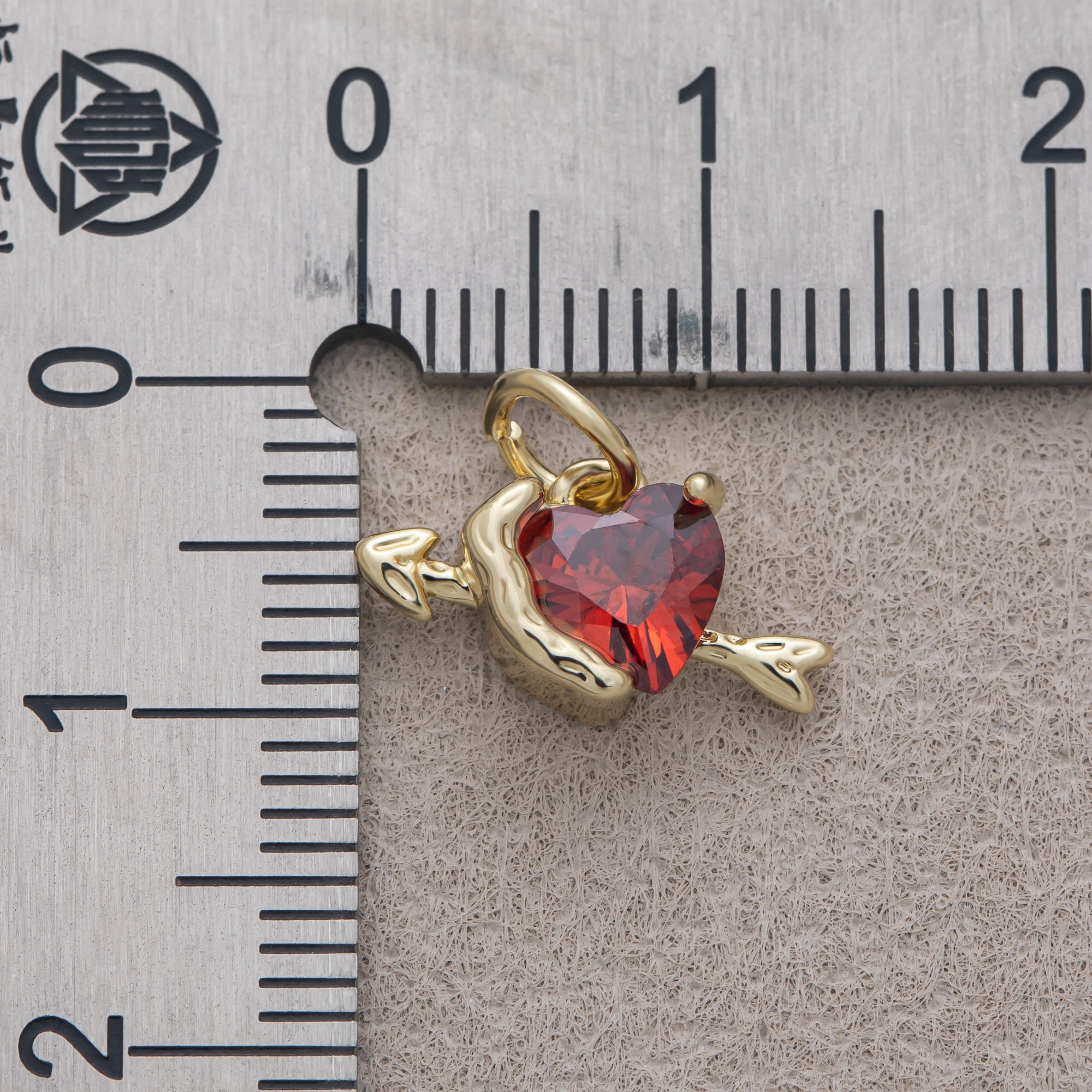 16K Gold Plated Red CZ Cupid Arrow Heart Mini Charm - Sold Each