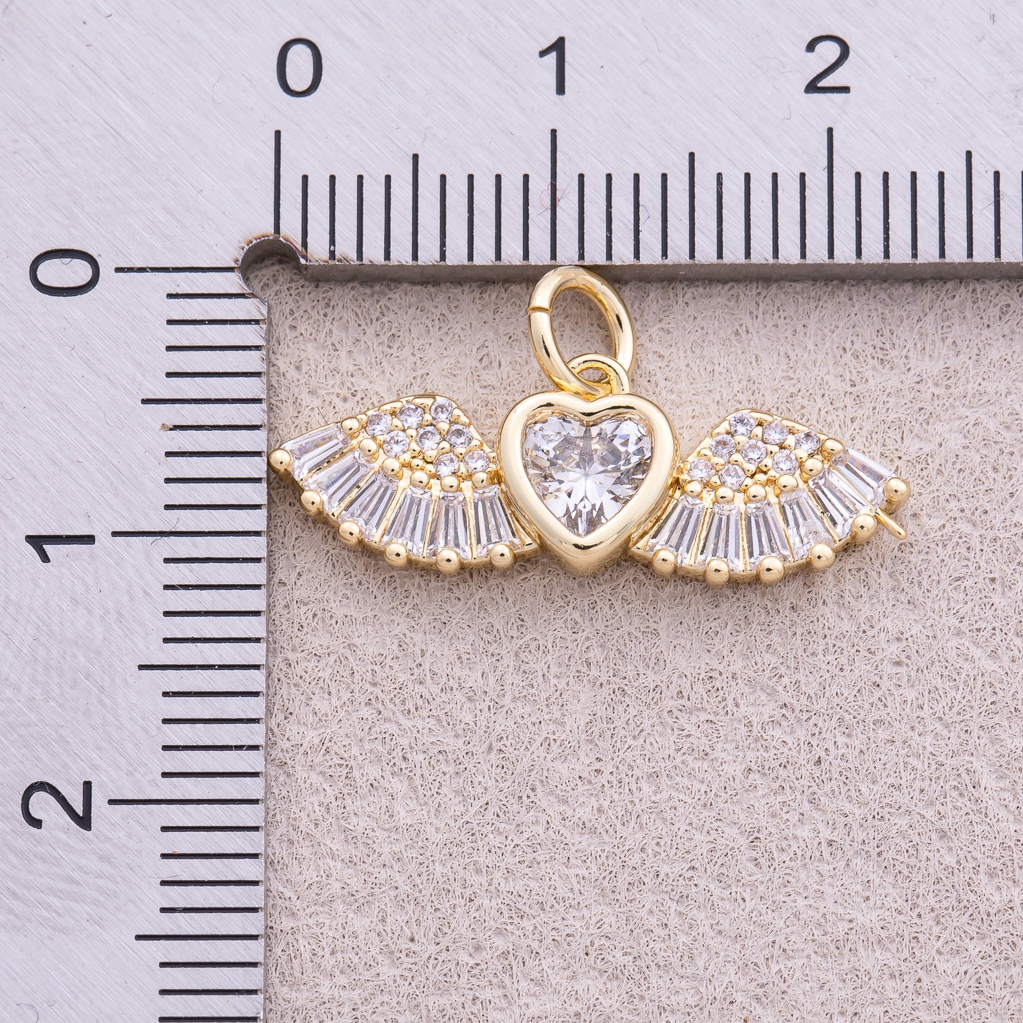 16K Gold Plated Clear Multi-cut CZ Angel Heart Wings Charm - Sold Each