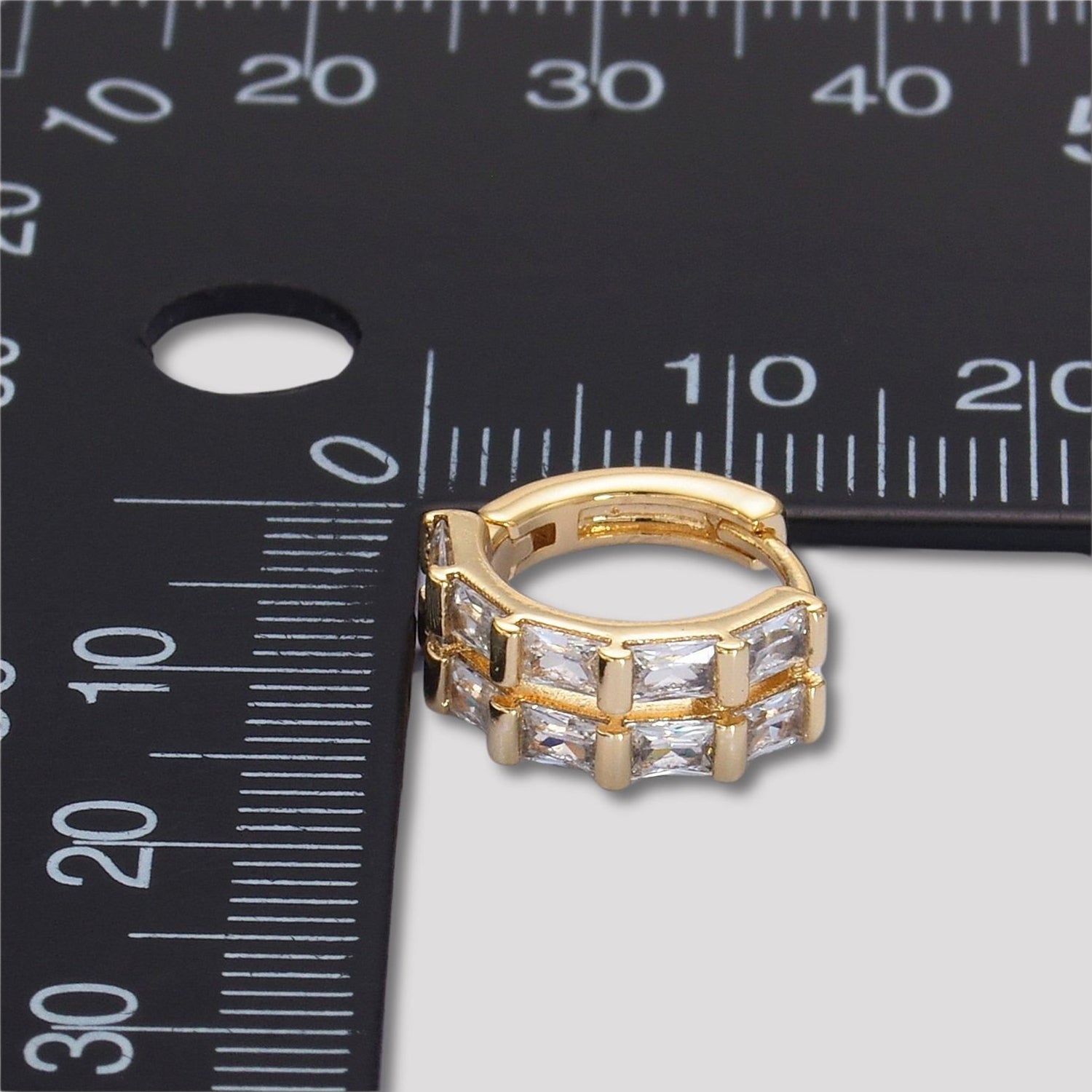 14K Gold Plated Baguette CZ Double Row Huggie Hoop Earrings