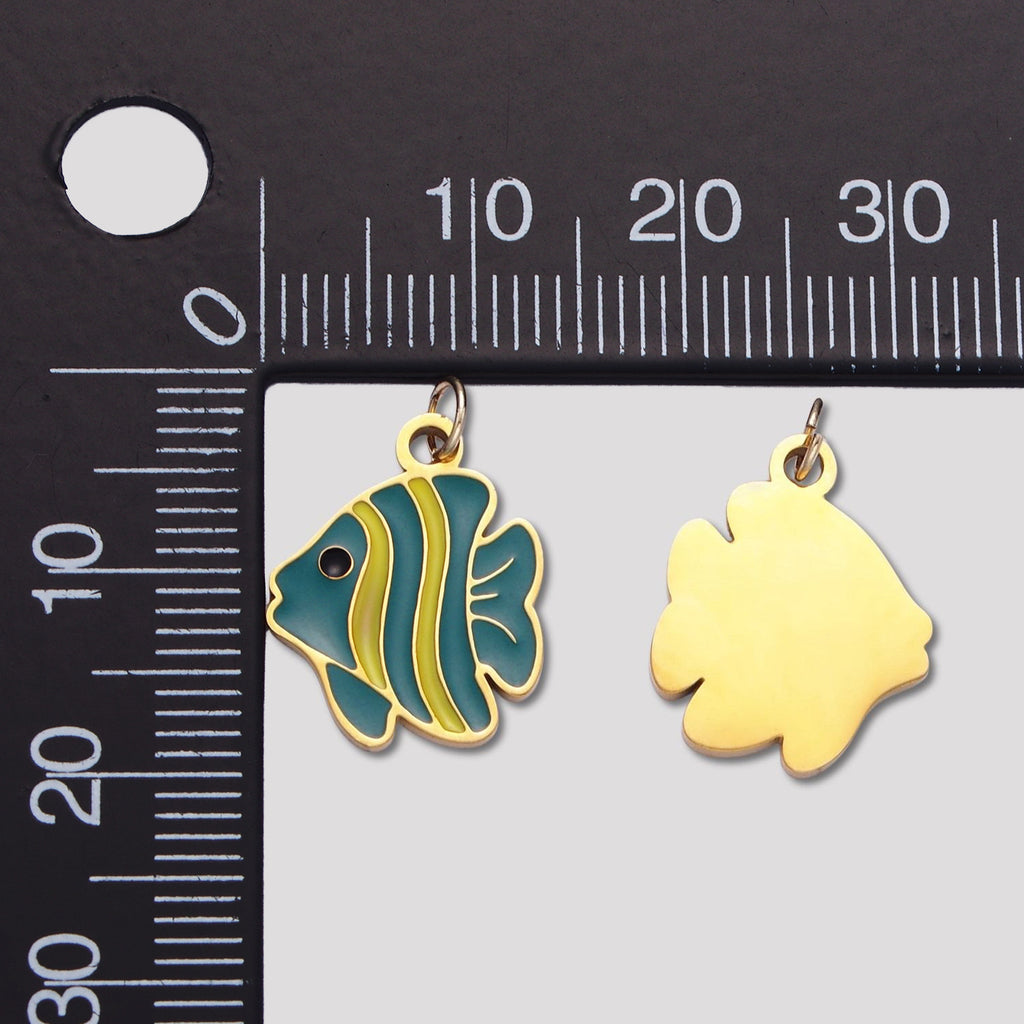 Launch Promo: 24K Gold PVD Stainless Steel Green Enamel Ocean Fish Animal Charm | Sold Each