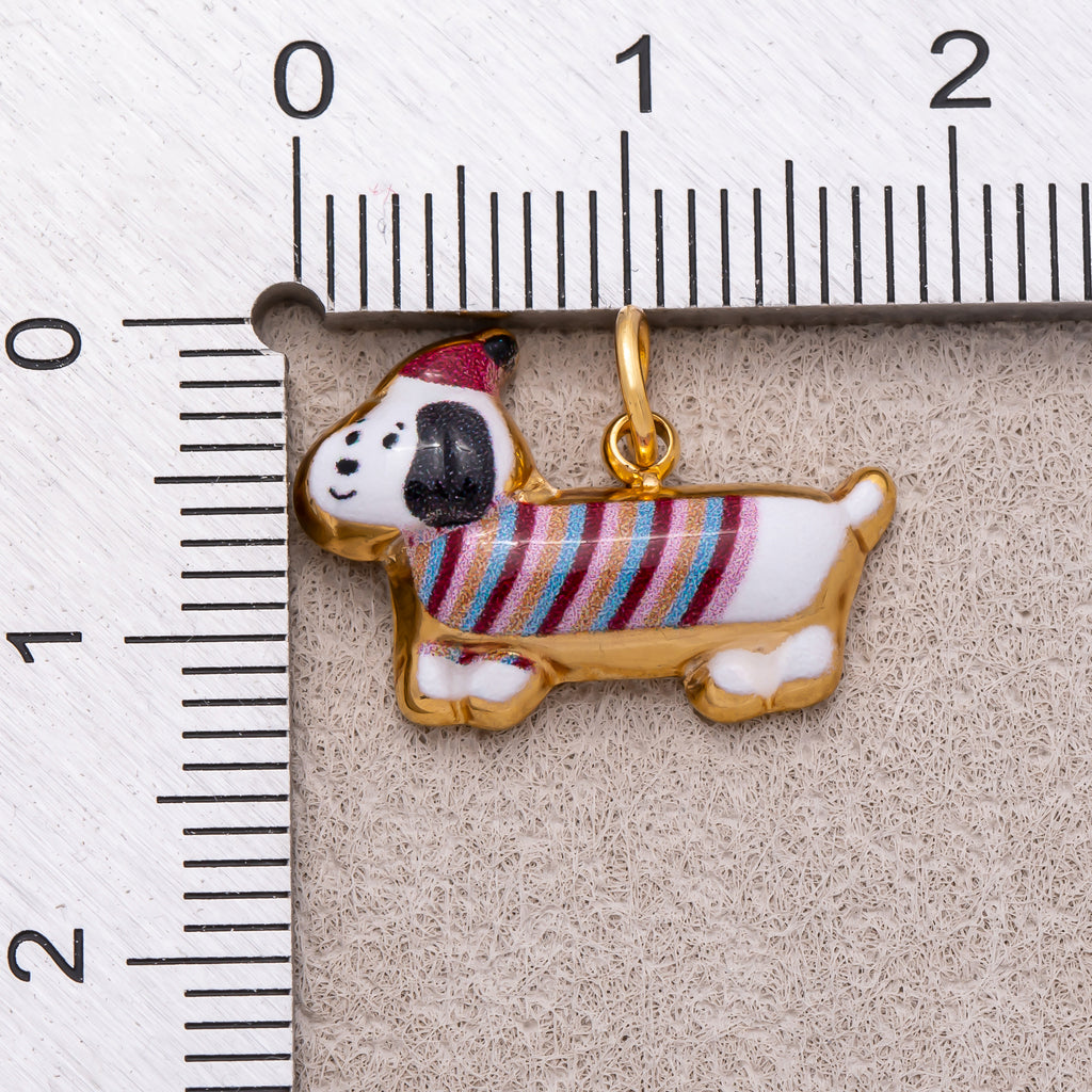 Gold PVD Stainless Steel Brown, White Puppy Pet Animal Charm