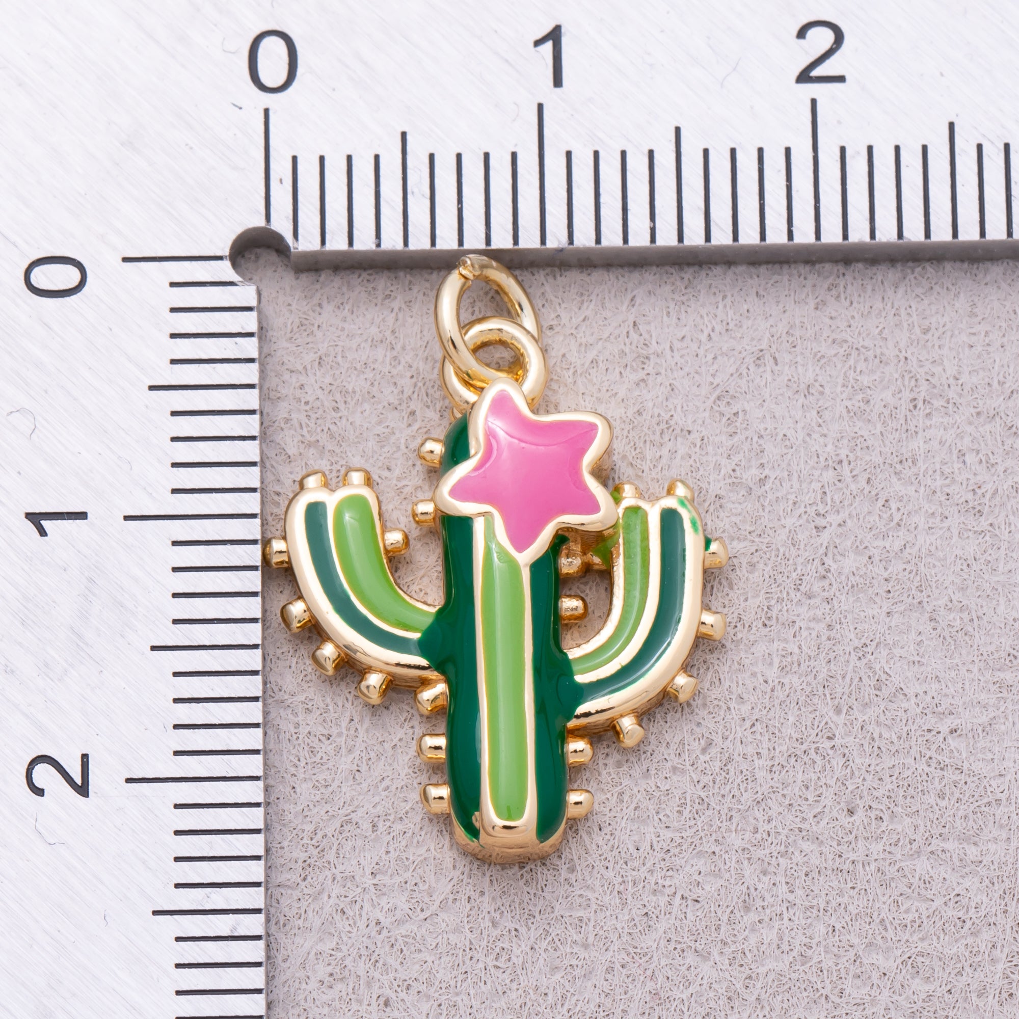 16K Gold Plated Green Enamel Cactus Plant Charm - Sold Each