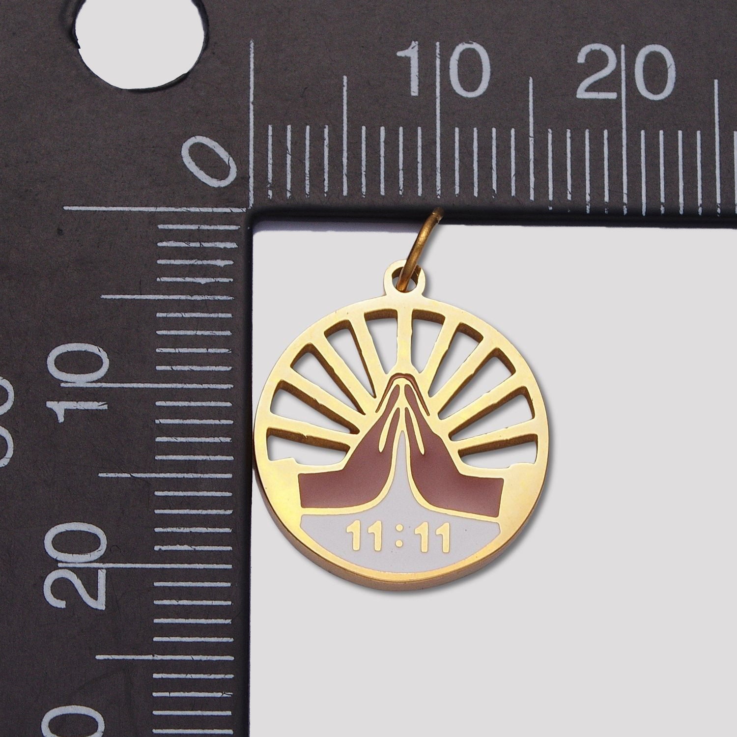 Launch Promo: 24K Gold PVD Stainless Steel Praying Hands Numerology 11:11 Sun Beam Round Charm in Gold & Silver | Sold Each