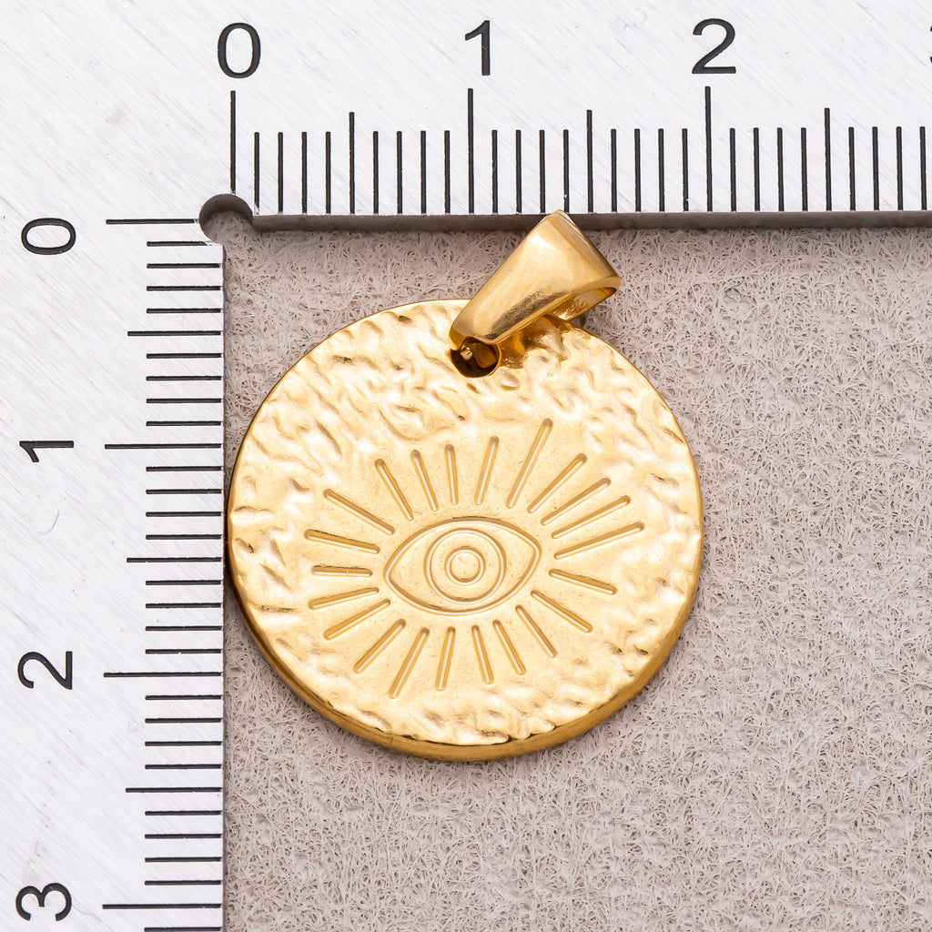 Gold PVD Stainless Steel Evil Eye Textured Medallion Pendant