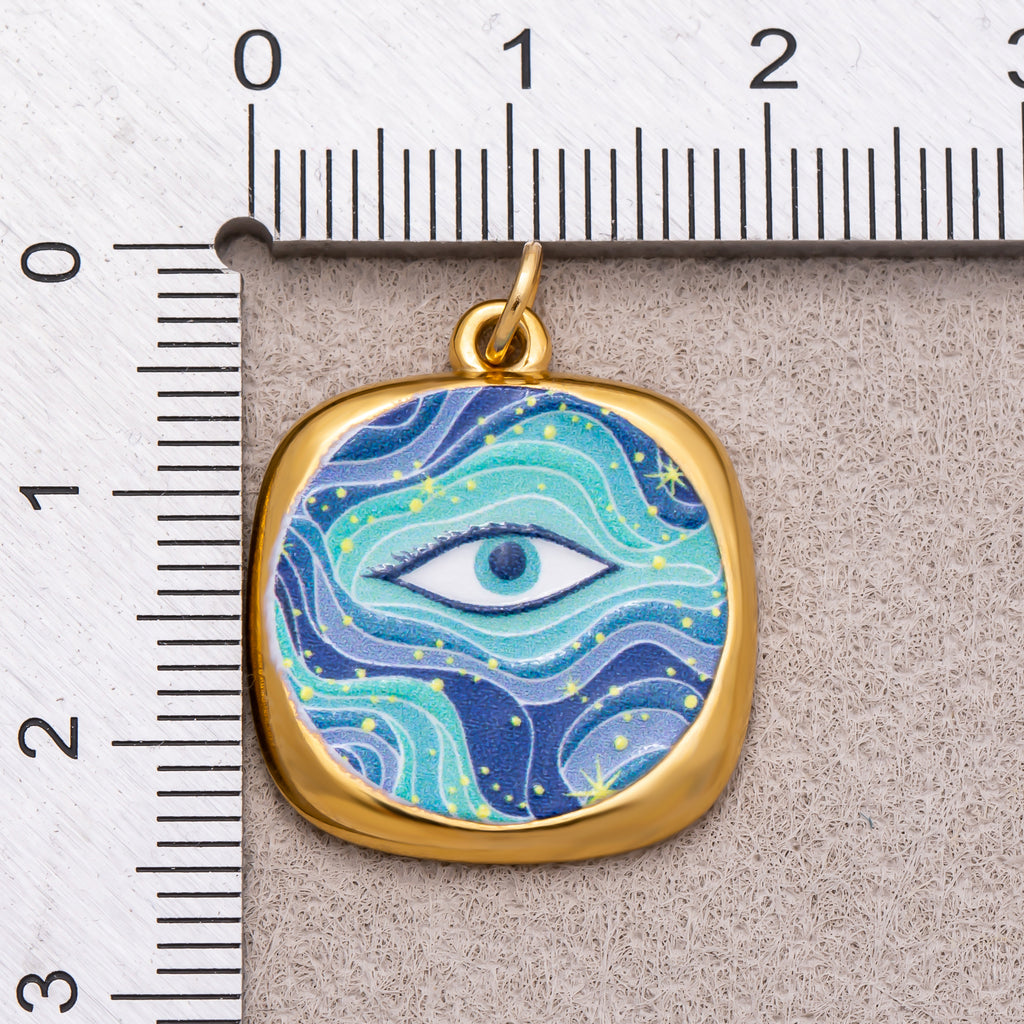 Gold PVD Stainless Steel Blue Enamel Galaxy Style Evil Eye Charm