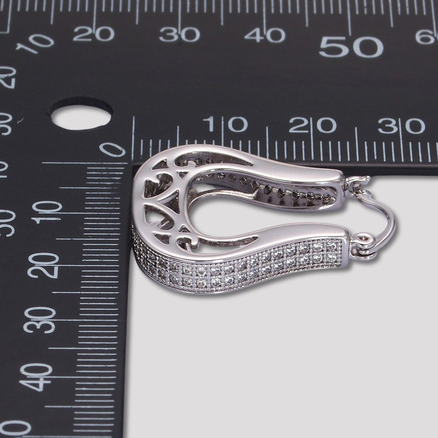 14K Rhodium Plated Micro Paved CZ Filigree Teardrop Hoop Earrings