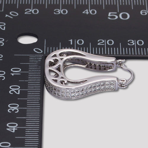 14K Rhodium Plated Micro Paved CZ Filigree Teardrop Hoop Earrings