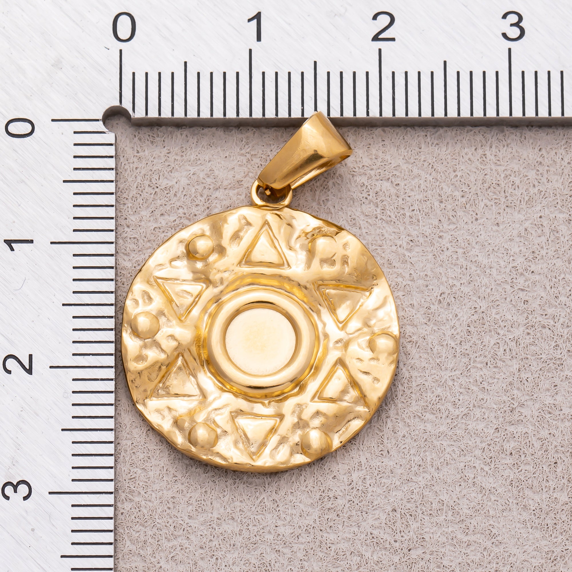 Gold PVD Stainless Steel Hammered Aztec Textured Medallion Charm