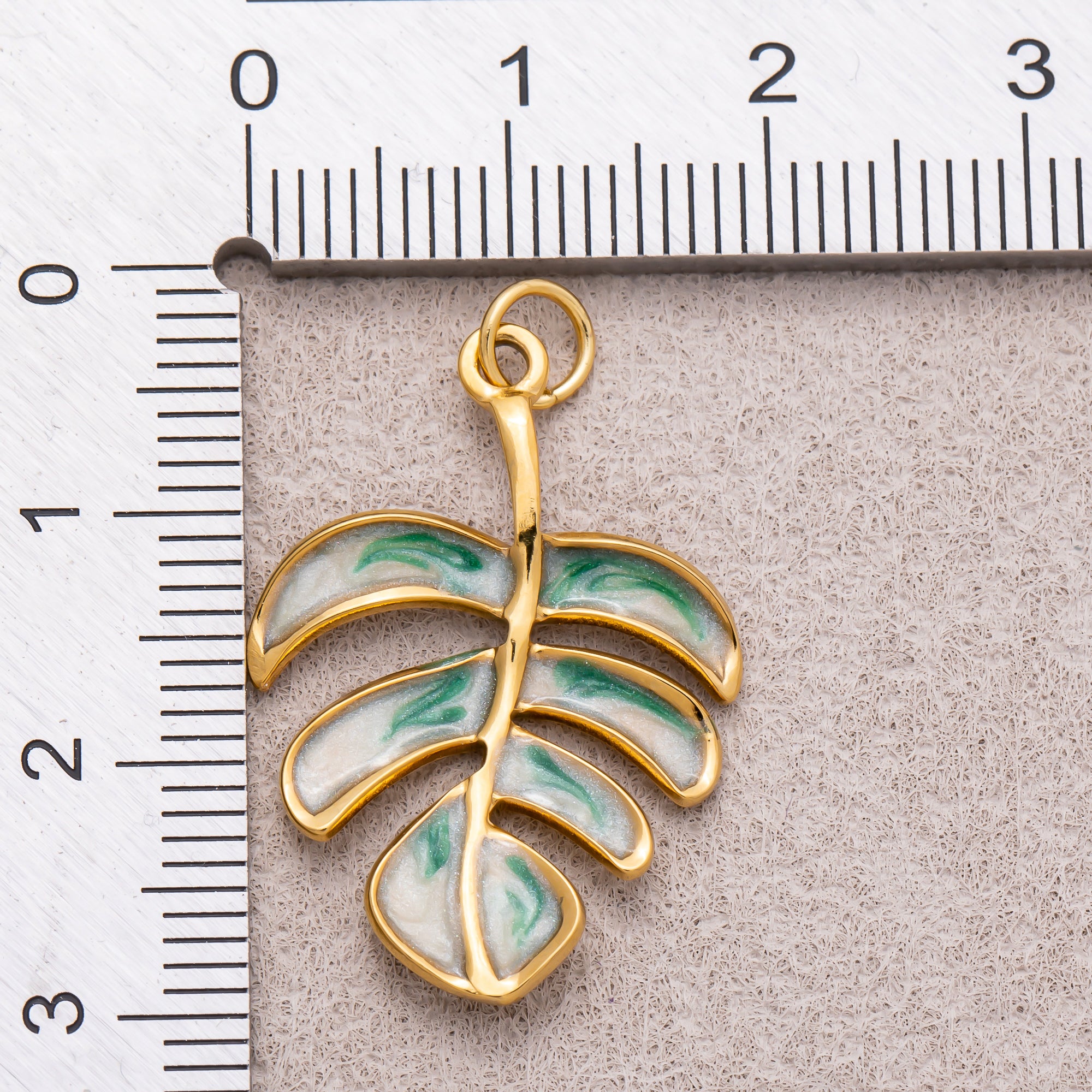 Gold PVD Stainless Steel Green Enamel Tropical Palm Tree Leaf Monstera Charm