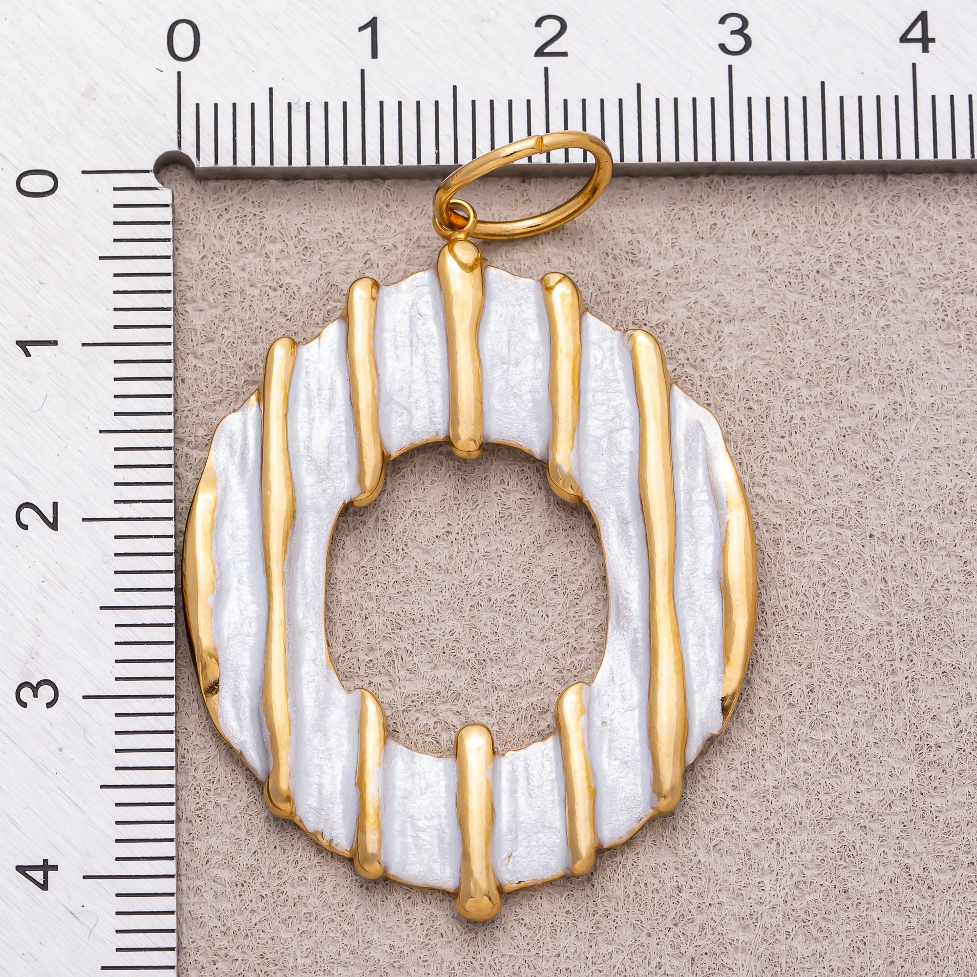 Gold PVD Stainless Steel Mother of Pearl Ribbed Round Open Charm