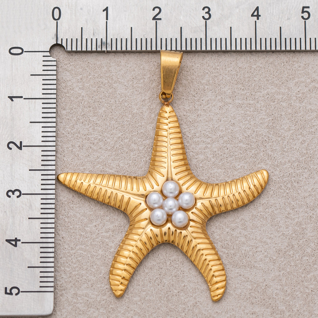 Gold PVD Stainless Steel Shell Pearl Ocean Starfish Ribbed Pendant