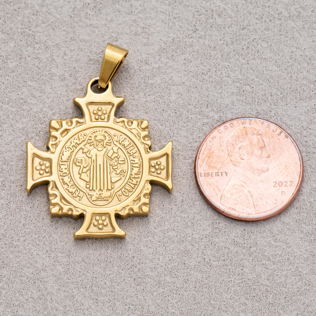 Gold PVD Stainless Steel Saint Benedict Cross Pendant