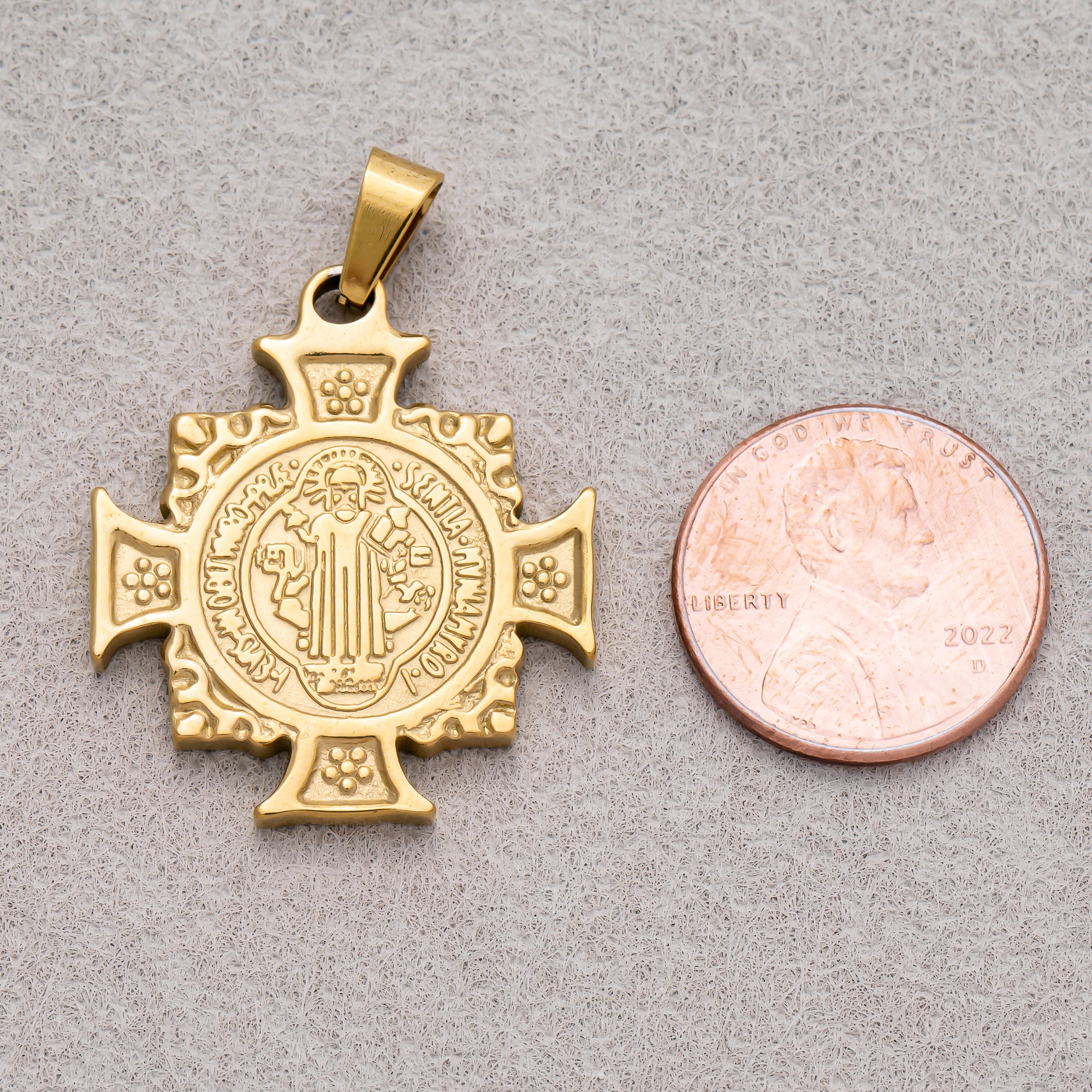 Gold PVD Stainless Steel Saint Benedict Cross Pendant